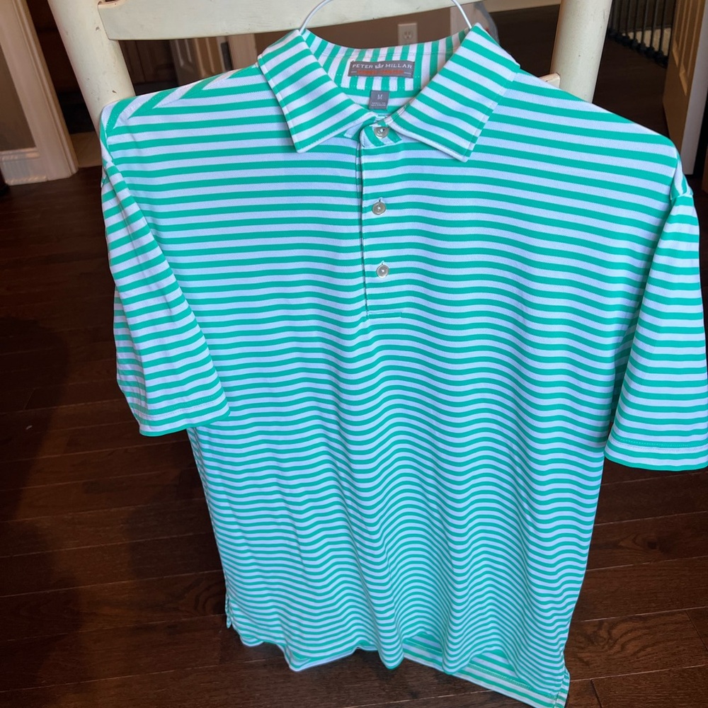 Peter Millar green and White Striped Polo Shirt